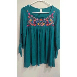Women's turquoise peasant style blouse with embroidery detail size S
